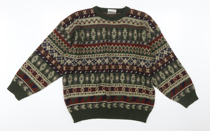 Ferndale Men's Green Fair Isle Acrylic Crew Neck Jumper Size L
