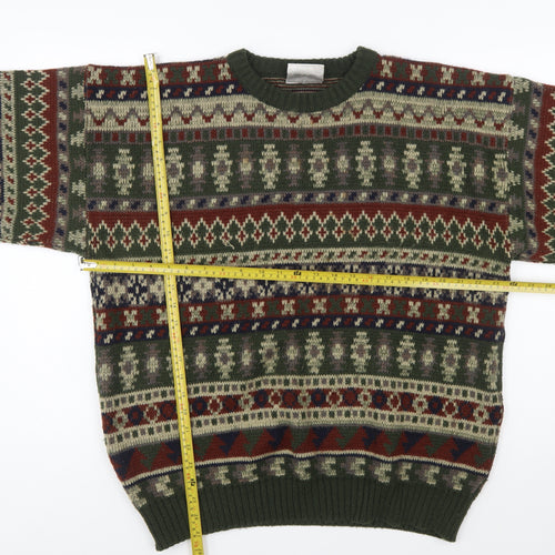 Ferndale Men's Green Fair Isle Acrylic Crew Neck Jumper Size L