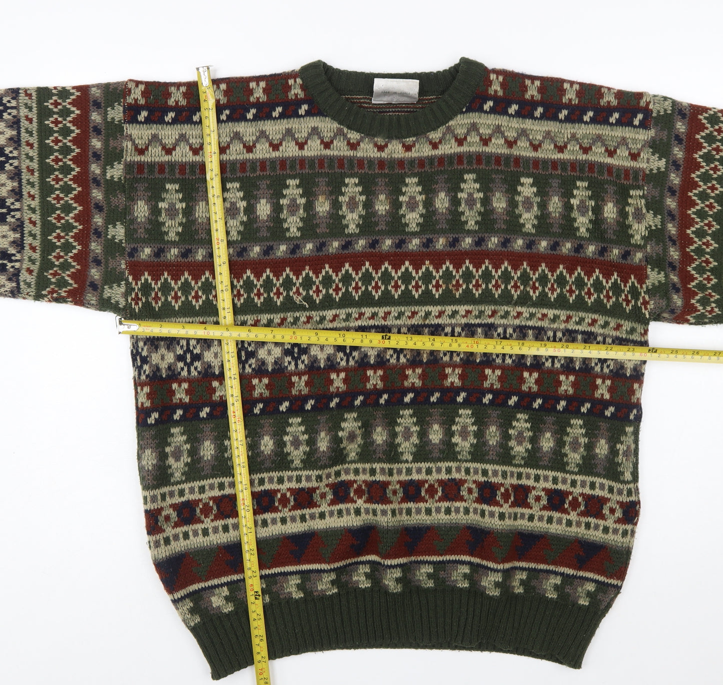 Ferndale Men's Green Fair Isle Acrylic Crew Neck Jumper Size L