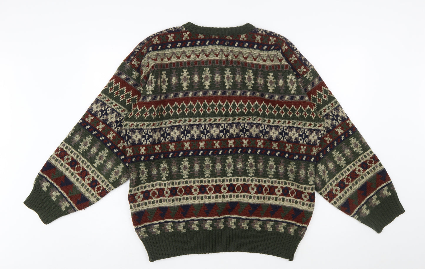 Ferndale Men's Green Fair Isle Acrylic Crew Neck Jumper Size L