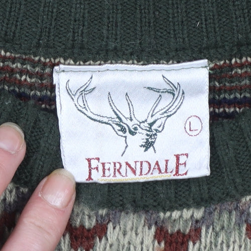 Ferndale Men's Green Fair Isle Acrylic Crew Neck Jumper Size L