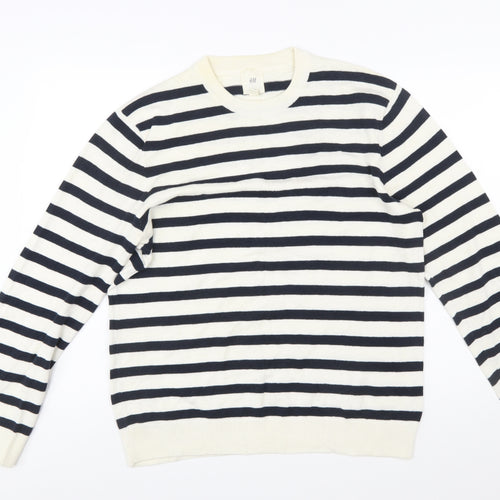 H&M Women’s Navy White Striped Cotton Crew Neck Jumper M