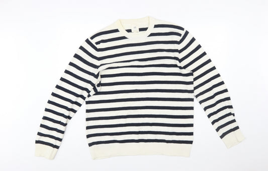 H&M Women’s Navy White Striped Cotton Crew Neck Jumper M