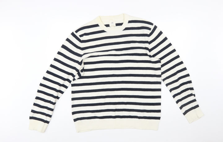 H&M Women’s Navy White Striped Cotton Crew Neck Jumper M