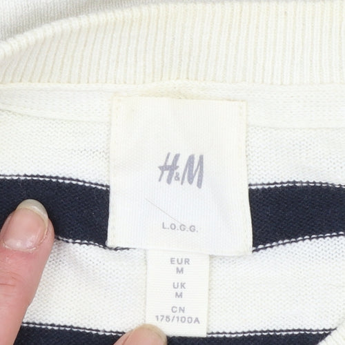 H&M Women’s Navy White Striped Cotton Crew Neck Jumper M