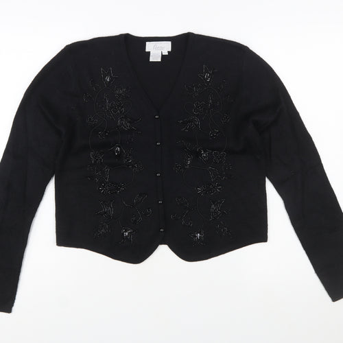 Eaton Petites Women's Black Beaded Wool Blend Cardigan M Petite