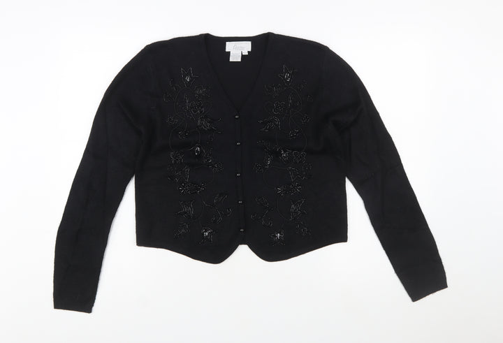 Eaton Petites Women's Black Beaded Wool Blend Cardigan M Petite