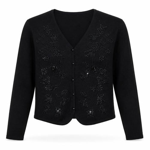 Eaton Petites Women's Black Beaded Wool Blend Cardigan M Petite