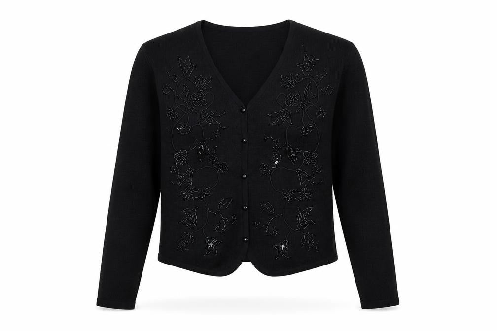 Eaton Petites Women's Black Beaded Wool Blend Cardigan M Petite