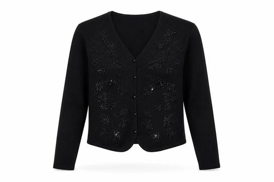 Front view of Eaton Petites Women's Black Beaded Wool Blend Cardigan M Petite