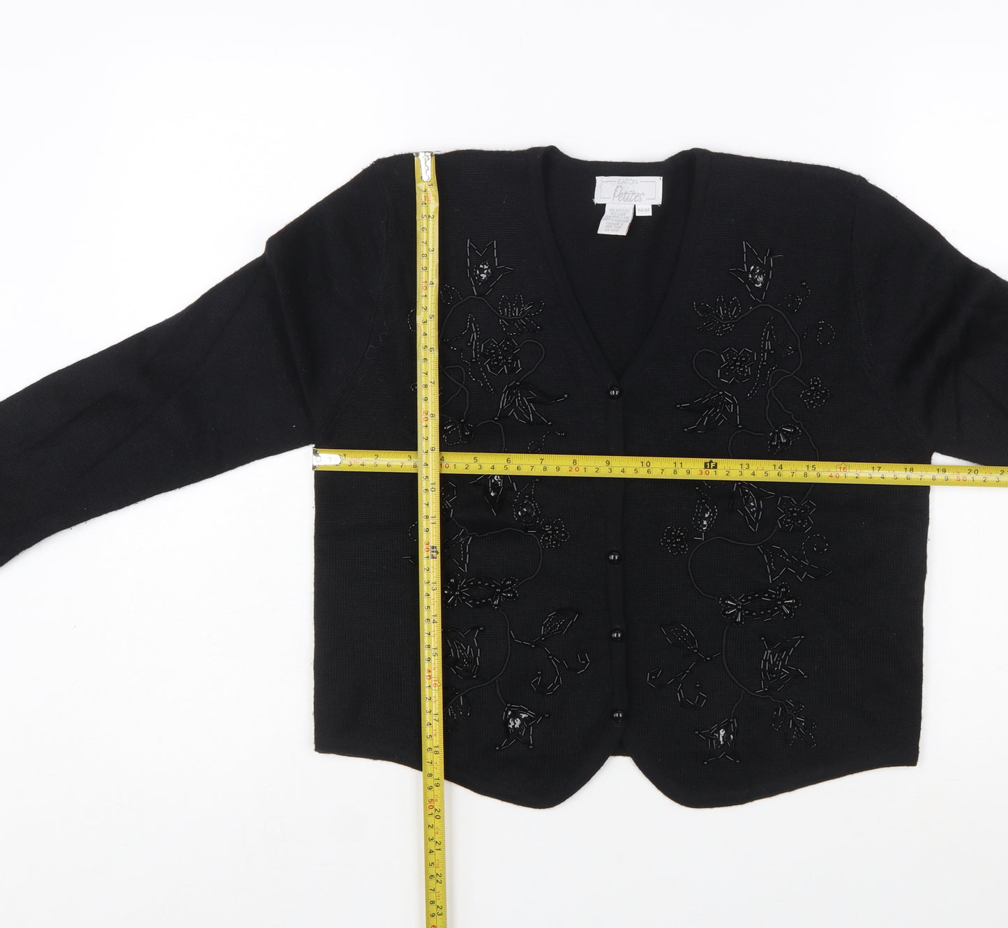 Eaton Petites Women's Black Beaded Wool Blend Cardigan M Petite