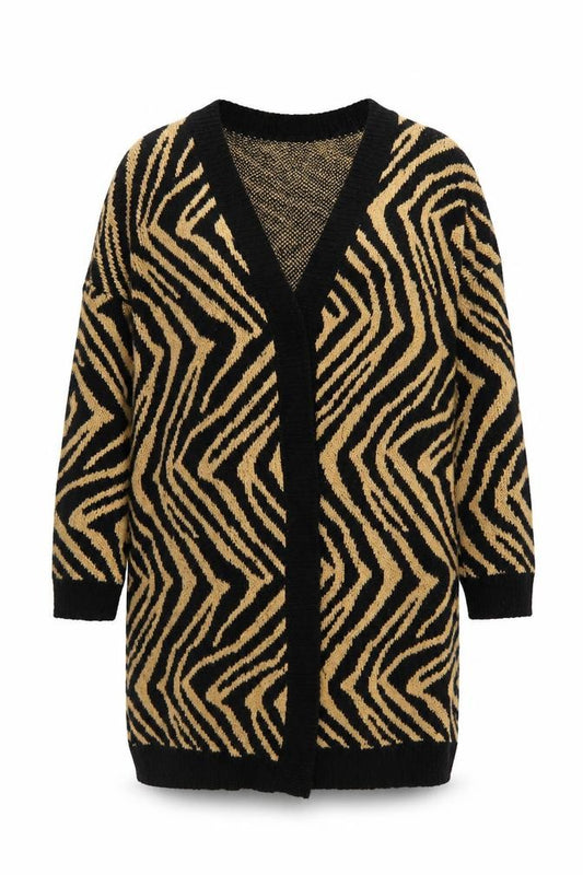 Front view of Wild Flower Women's Beige Black Animal Print Open Knit Cardigan S/M