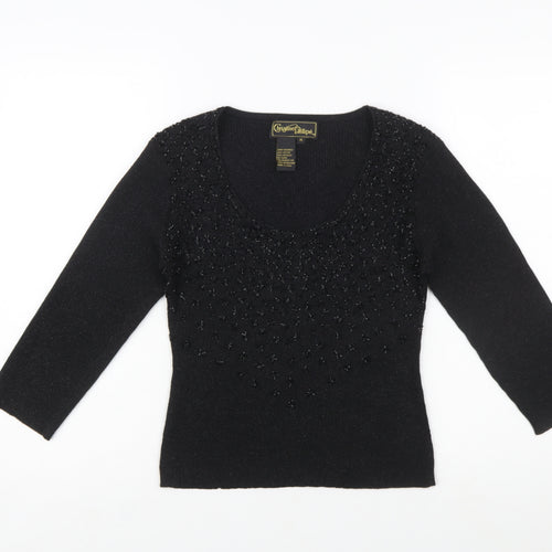 Christine Phillipe Womens Black Beaded Knit Jumper Size M Scoop Neck