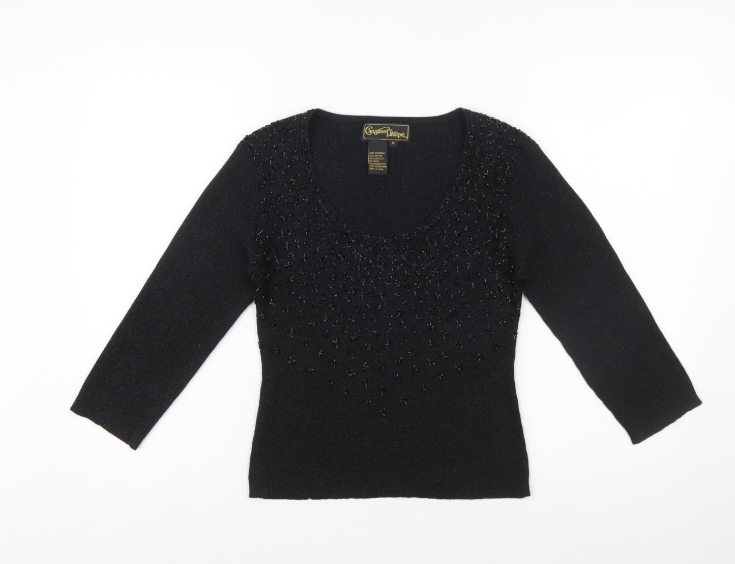 Christine Phillipe Womens Black Beaded Knit Jumper Size M Scoop Neck