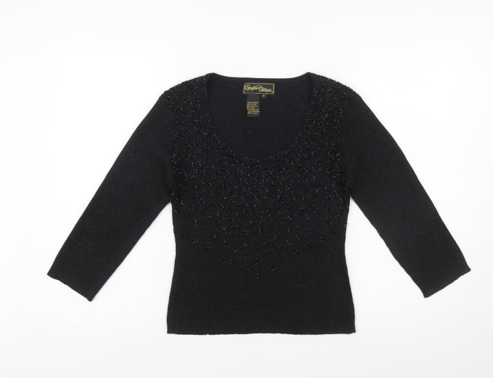 Christine Phillipe Womens Black Beaded Knit Jumper Size M Scoop Neck