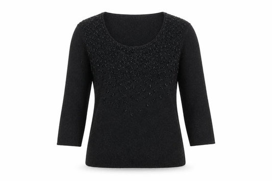 Front view of Christine Phillipe women’s black beaded knit jumper, size M, scoop neck