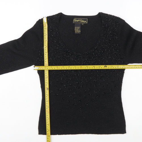 Christine Phillipe Womens Black Beaded Knit Jumper Size M Scoop Neck