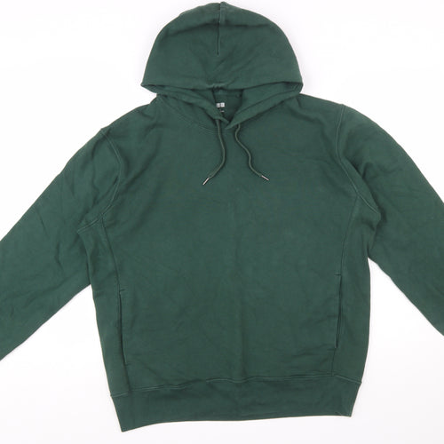 UNIQLO Men Green Pullover Hoodie L Cotton Fleece Long Sleeve