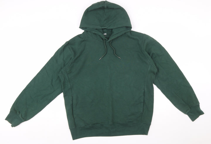 UNIQLO Men Green Pullover Hoodie L Cotton Fleece Long Sleeve