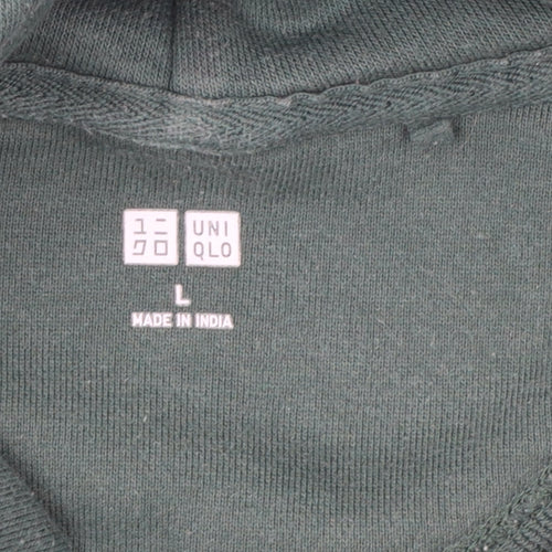 UNIQLO Men Green Pullover Hoodie L Cotton Fleece Long Sleeve