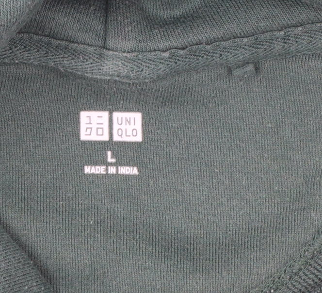 UNIQLO Men Green Pullover Hoodie L Cotton Fleece Long Sleeve