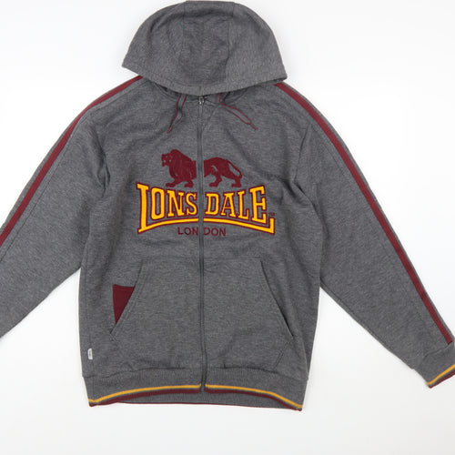 Lonsdale Men Grey Full Zip Hoodie M Sports Fleece Logo