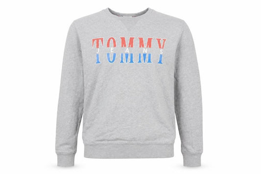 Front view of Tommy Jeans Men's Grey Logo Sweatshirt L Regular Fit Pullover