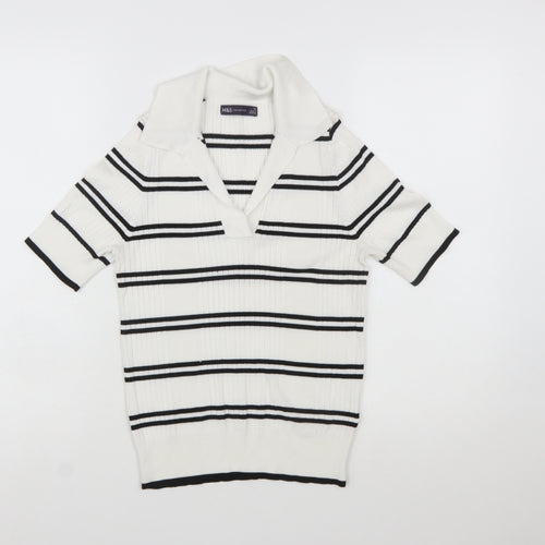 Marks and Spencer Women’s White Striped Collared Short Sleeve Knit Jumper Size 12