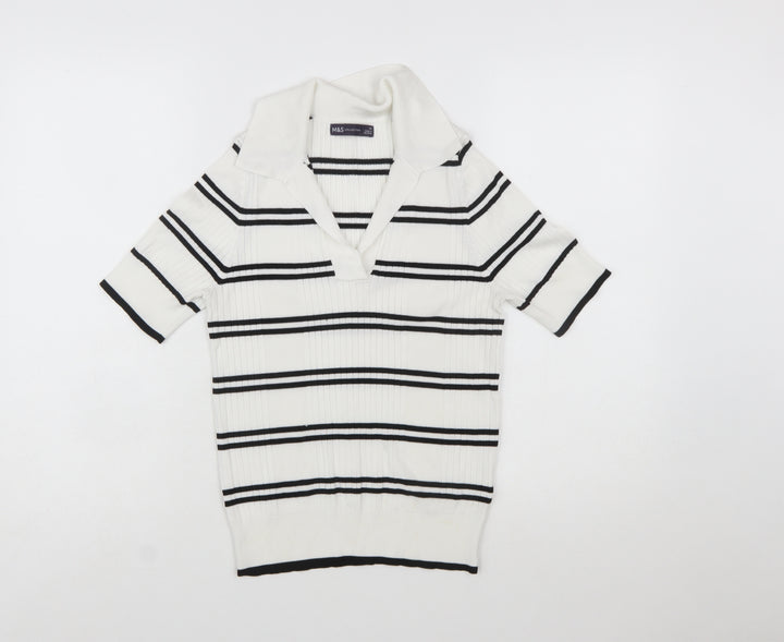Marks and Spencer Women’s White Striped Collared Short Sleeve Knit Jumper Size 12