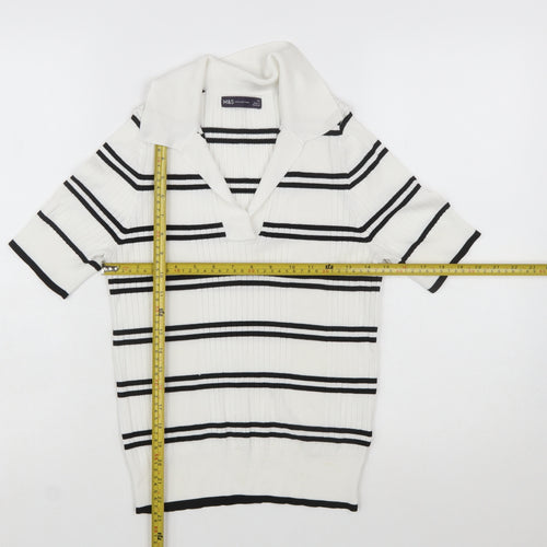 Marks and Spencer Women’s White Striped Collared Short Sleeve Knit Jumper Size 12