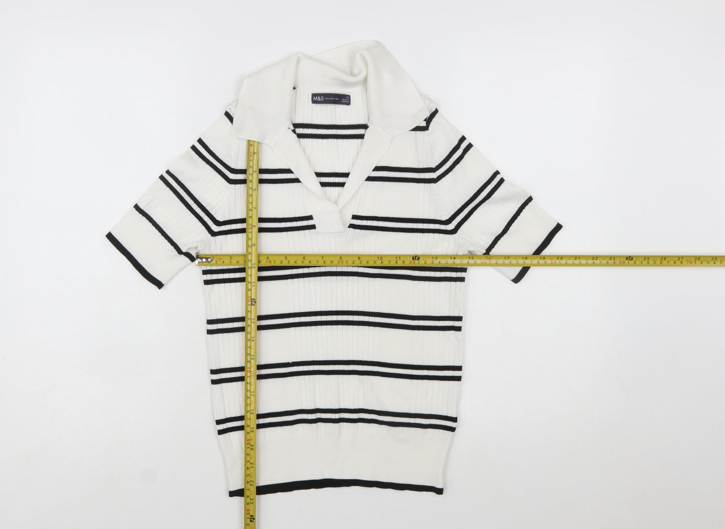 Marks and Spencer Women’s White Striped Collared Short Sleeve Knit Jumper Size 12