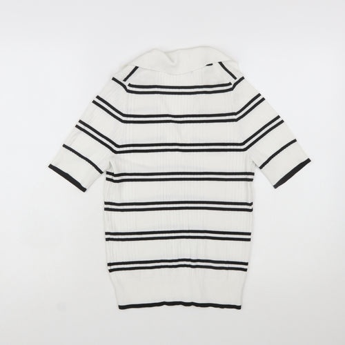 Marks and Spencer Women’s White Striped Collared Short Sleeve Knit Jumper Size 12