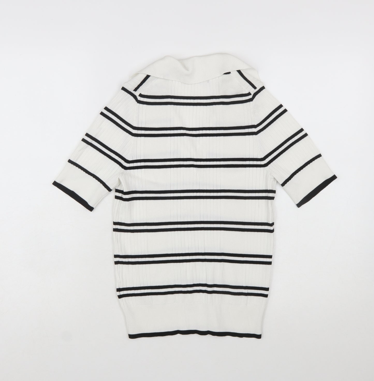 Marks and Spencer Women’s White Striped Collared Short Sleeve Knit Jumper Size 12