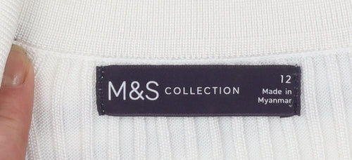 Marks and Spencer Women’s White Striped Collared Short Sleeve Knit Jumper Size 12