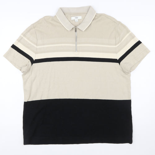 Marks and Spencer Men’s Beige Striped Cotton Polo Shirt XL Regular Fit Zip Neck
