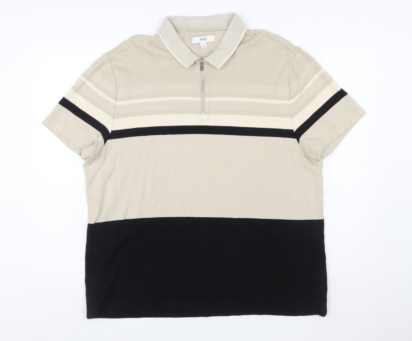 Marks and Spencer Men’s Beige Striped Cotton Polo Shirt XL Regular Fit Zip Neck