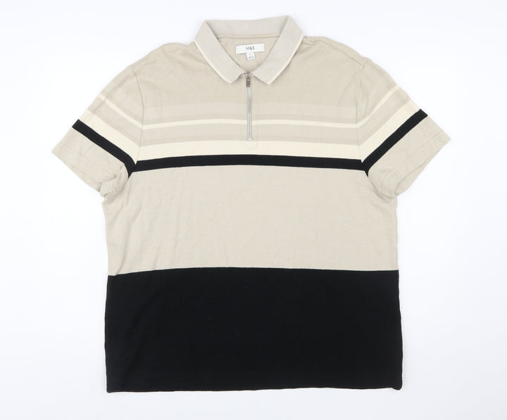 Marks and Spencer Men’s Beige Striped Cotton Polo Shirt XL Regular Fit Zip Neck
