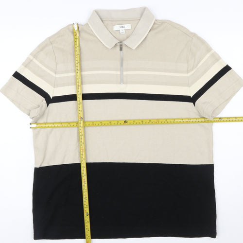 Marks and Spencer Men’s Beige Striped Cotton Polo Shirt XL Regular Fit Zip Neck