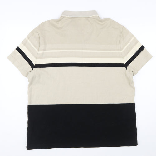 Marks and Spencer Men’s Beige Striped Cotton Polo Shirt XL Regular Fit Zip Neck