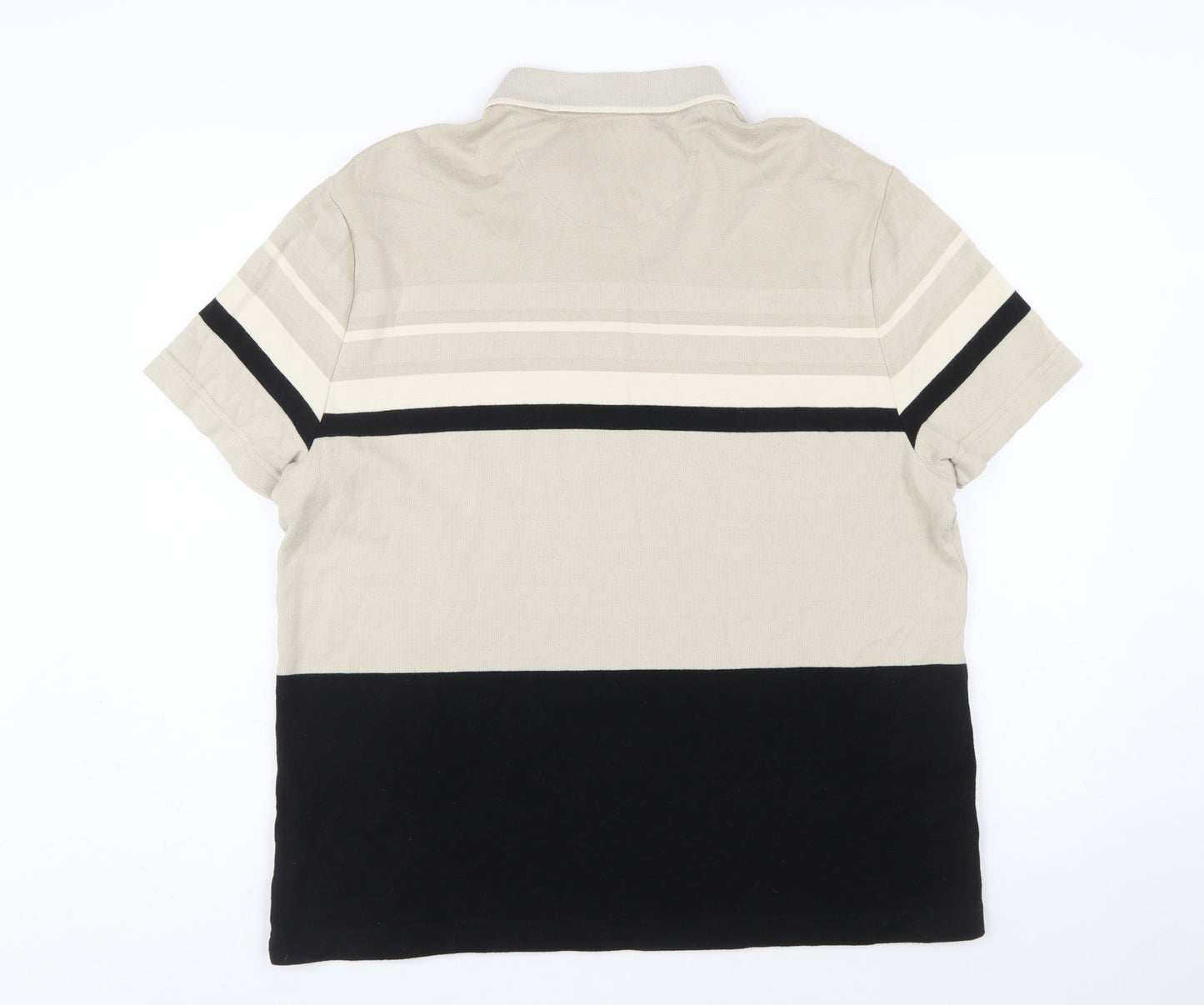 Marks and Spencer Men’s Beige Striped Cotton Polo Shirt XL Regular Fit Zip Neck
