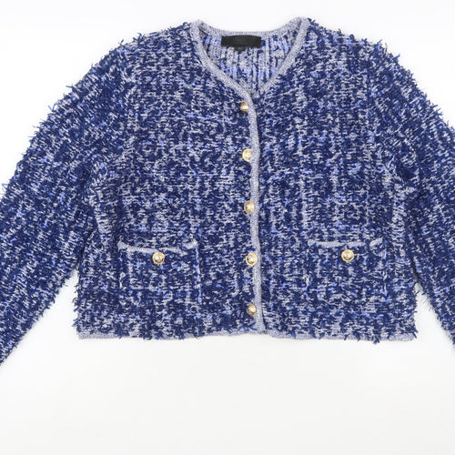 ZARA Women Blue Bouclé Cropped Suit Jacket Size L Classic Gold Buttons
