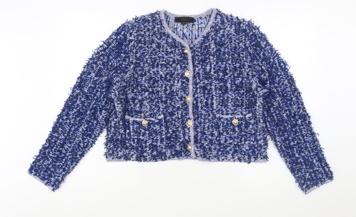 ZARA Women Blue Bouclé Cropped Suit Jacket Size L Classic Gold Buttons