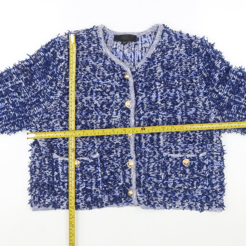 ZARA Women Blue Bouclé Cropped Suit Jacket Size L Classic Gold Buttons