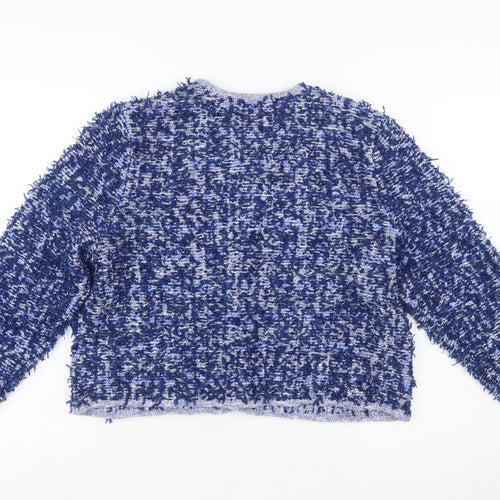 ZARA Women Blue Bouclé Cropped Suit Jacket Size L Classic Gold Buttons