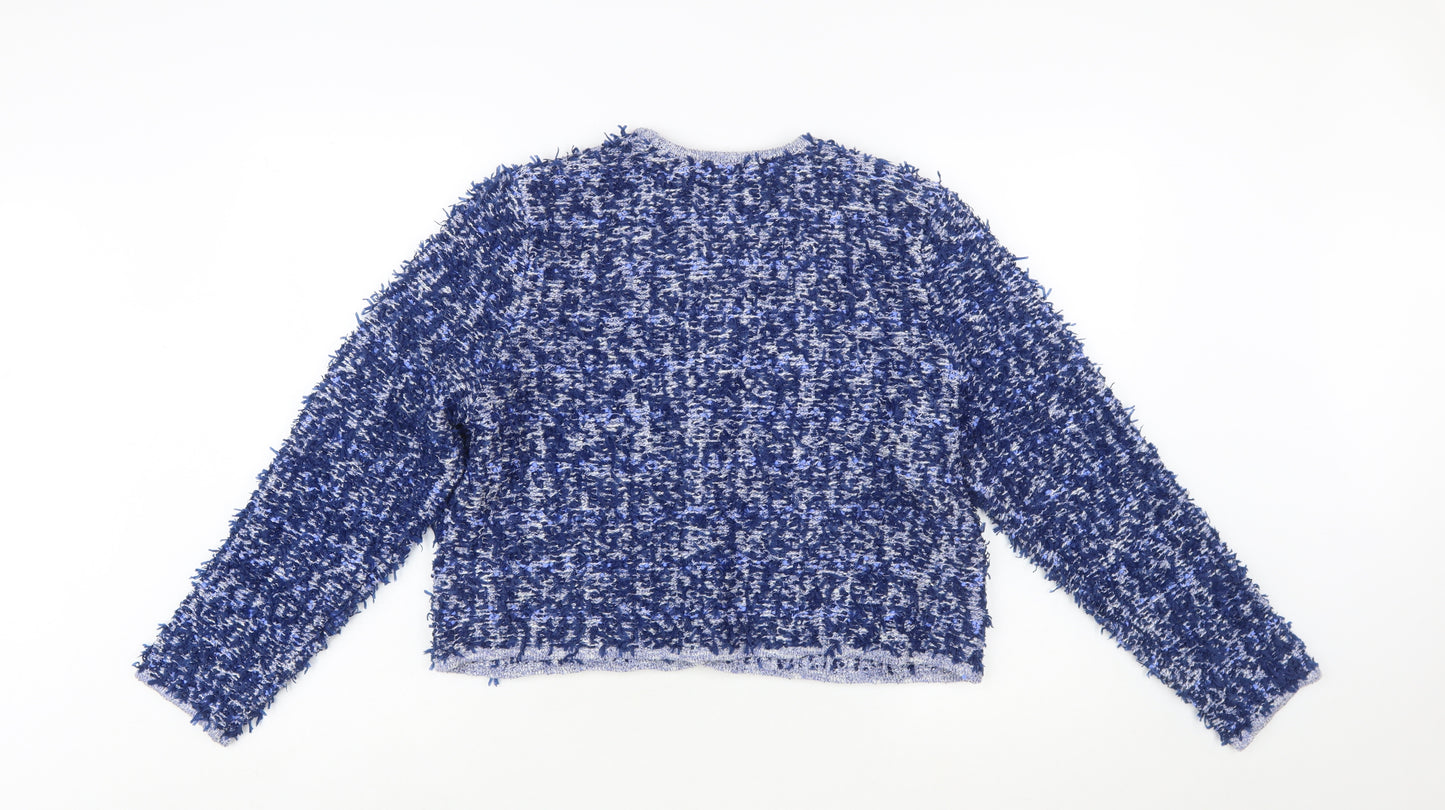 ZARA Women Blue Bouclé Cropped Suit Jacket Size L Classic Gold Buttons