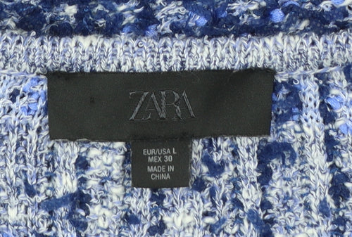 ZARA Women Blue Bouclé Cropped Suit Jacket Size L Classic Gold Buttons