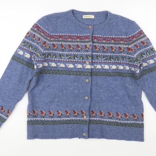 WoolOvers Women Blue Fair Isle Wool Cashmere Cardigan L