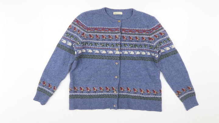 WoolOvers Women Blue Fair Isle Wool Cashmere Cardigan L