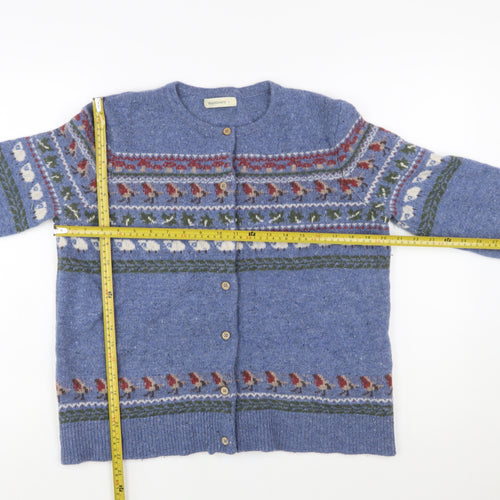 WoolOvers Women Blue Fair Isle Wool Cashmere Cardigan L