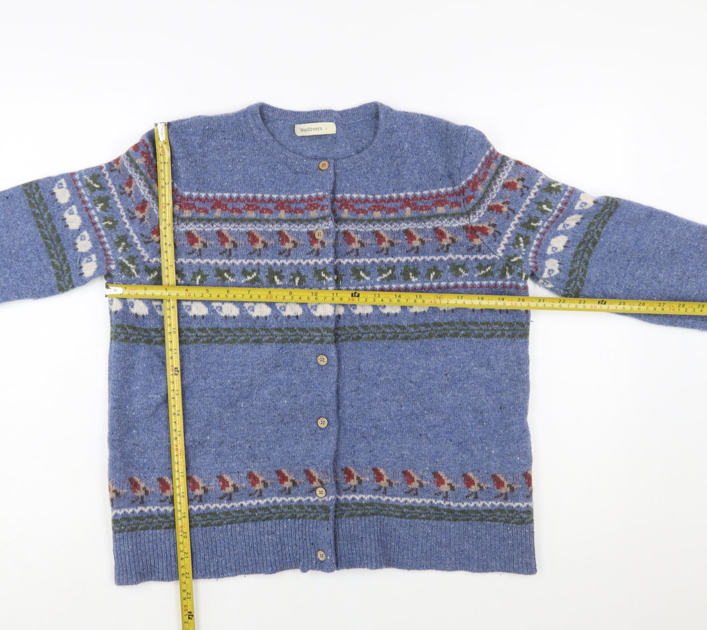 WoolOvers Women Blue Fair Isle Wool Cashmere Cardigan L